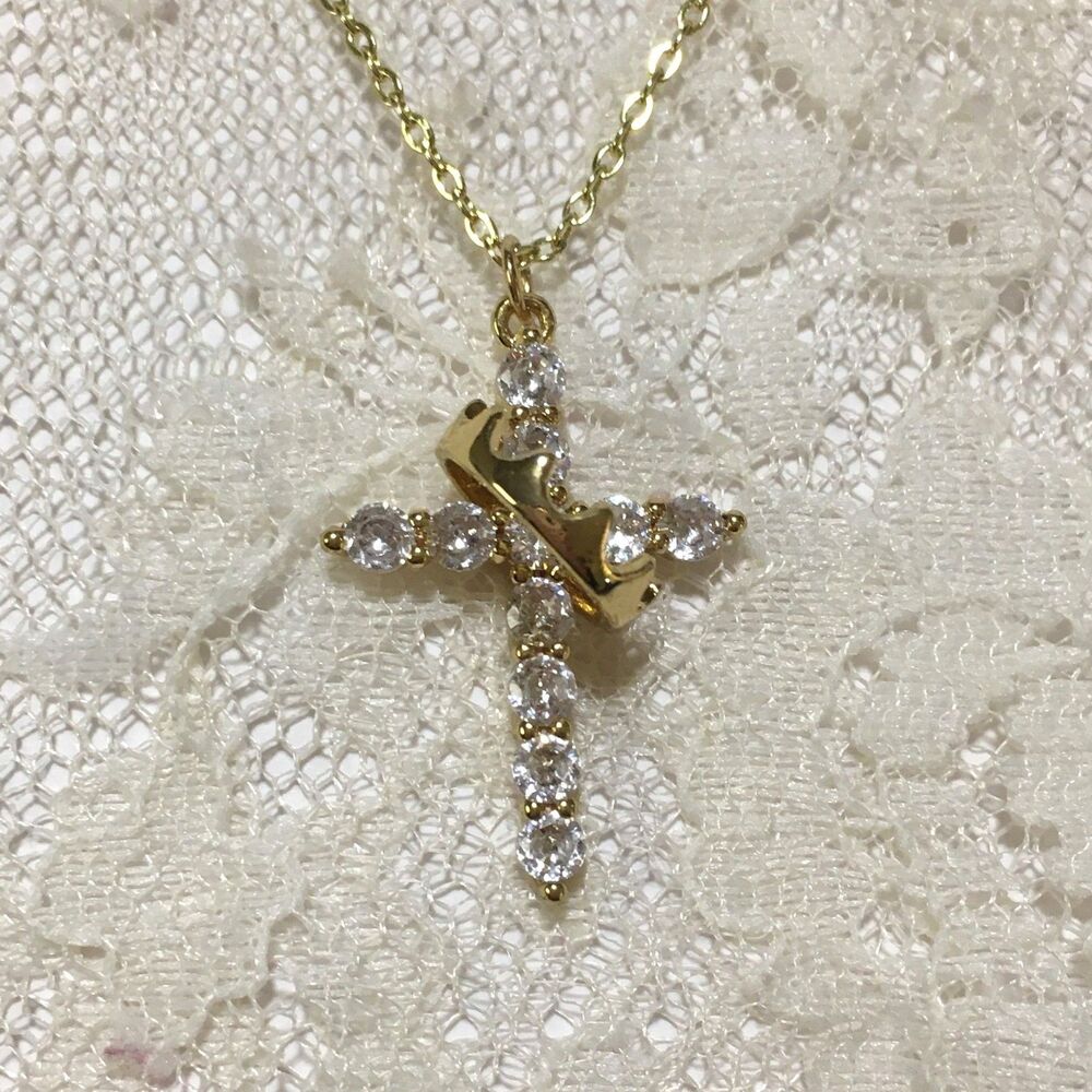 Gold Tone Crowned Cross Pendant Necklace Clear Stones